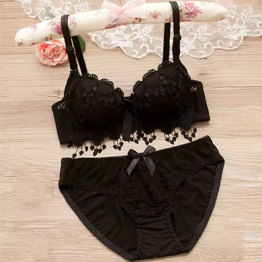 Embroidery Flower Women Underwire Push up Lace Heart Shape Underwear Young Girl Bra and Panties Set