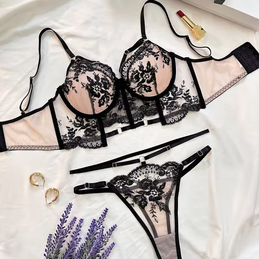 Mesh Embroidery Lingerie 2pcs Set Fat Women Sexy Plus Size Womens Underwear